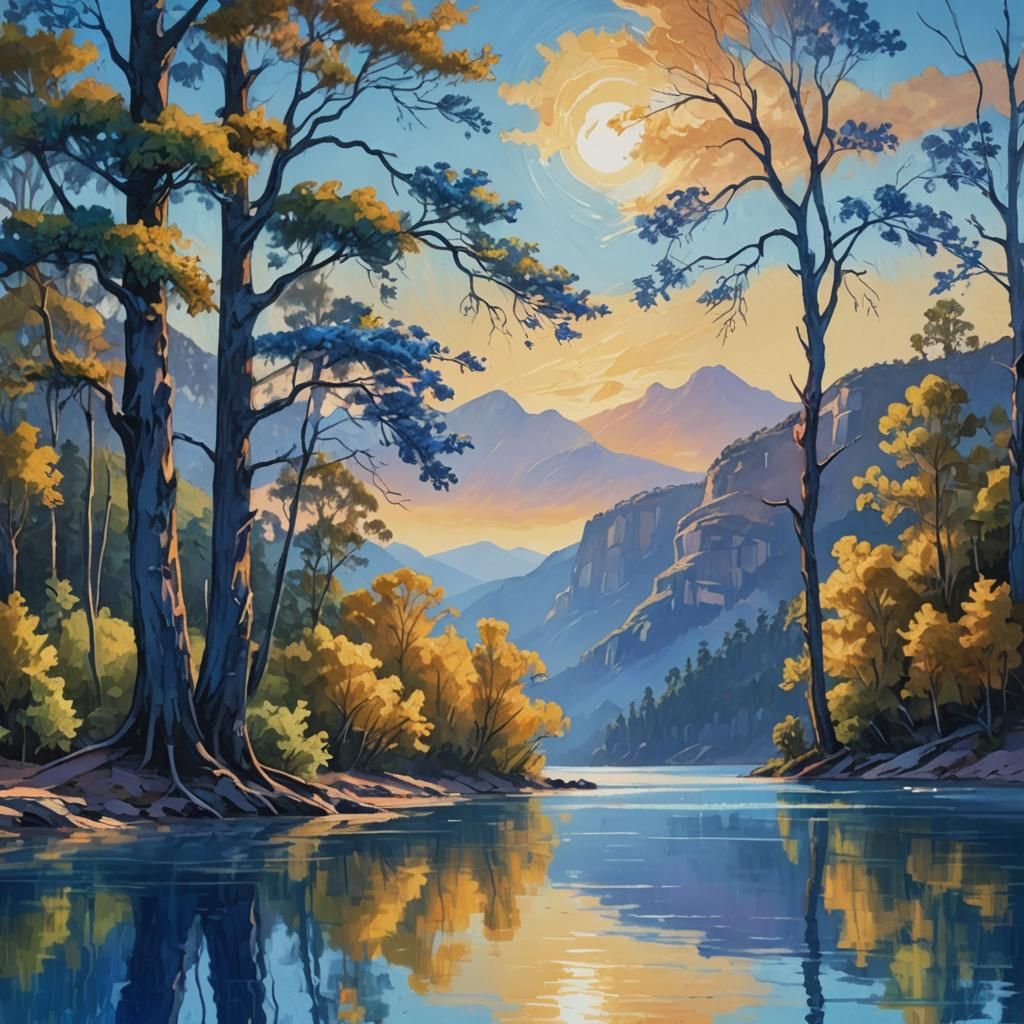 Fauvist Landscape Painting: Blue Mountains and Lake