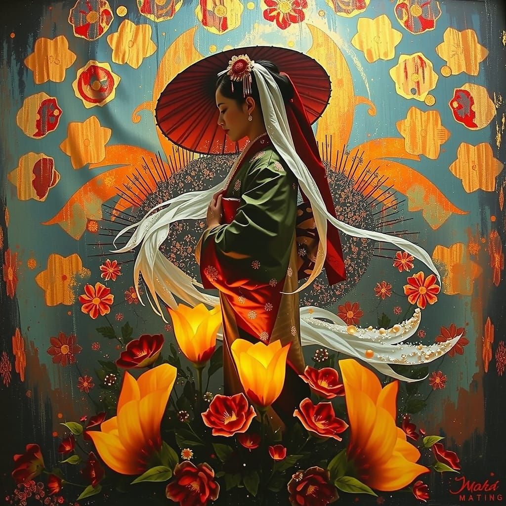 Elegant Geisha in Crimson Kimono Amidst Luminous Nebula Flor...