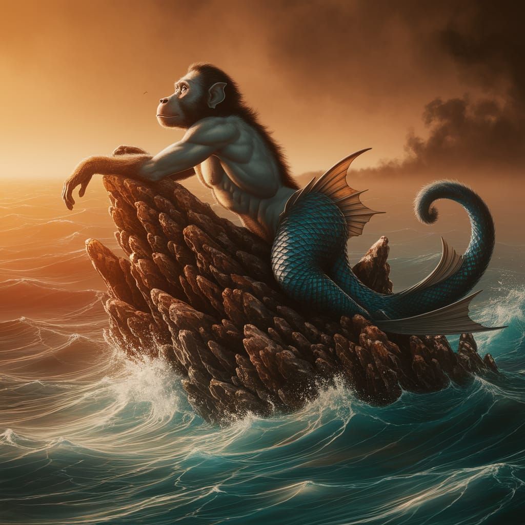 Baboon Mermaid on Rocky Reef in Fantasy Landscape Style