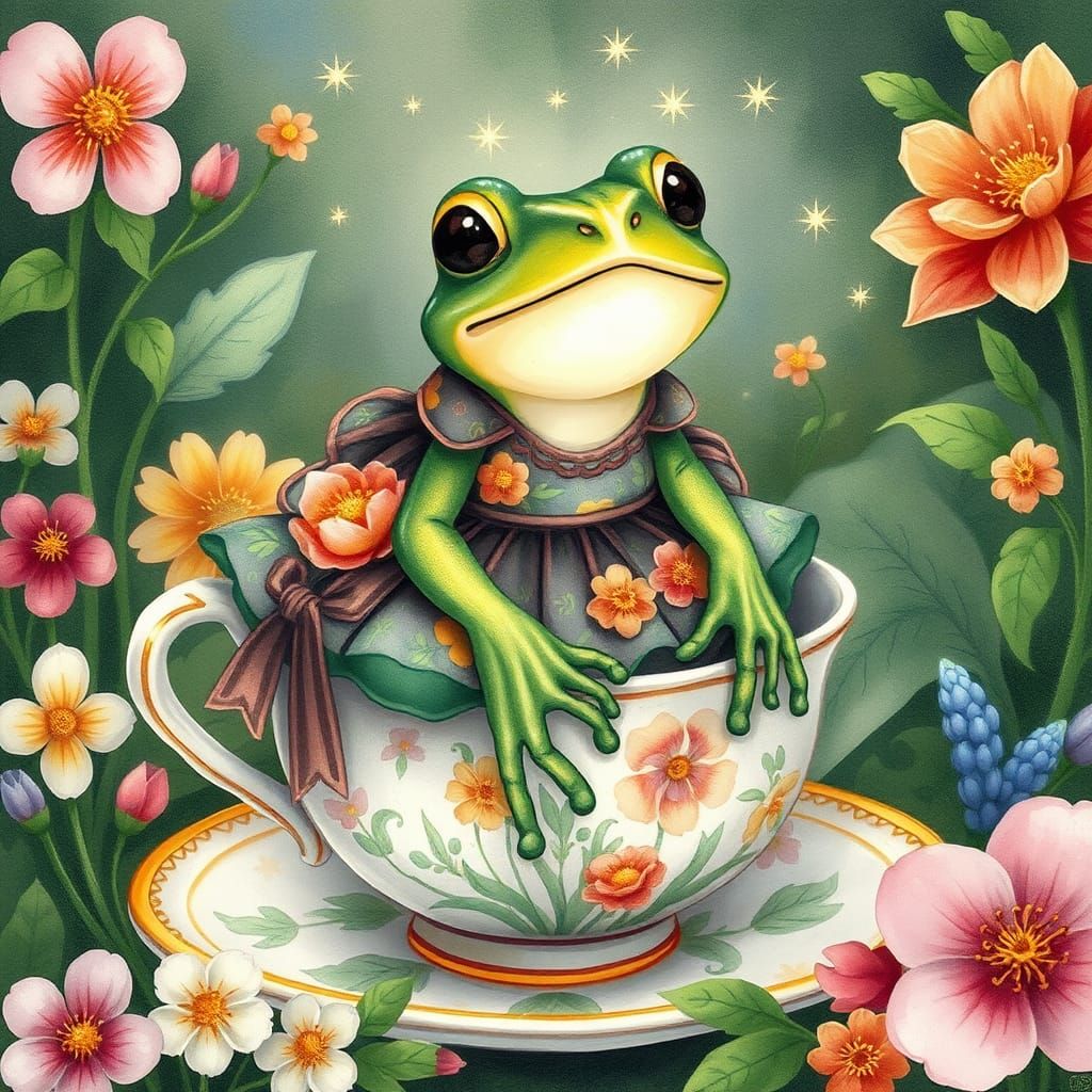 Whimsical Frog in Teacup: Children's Book Illustration