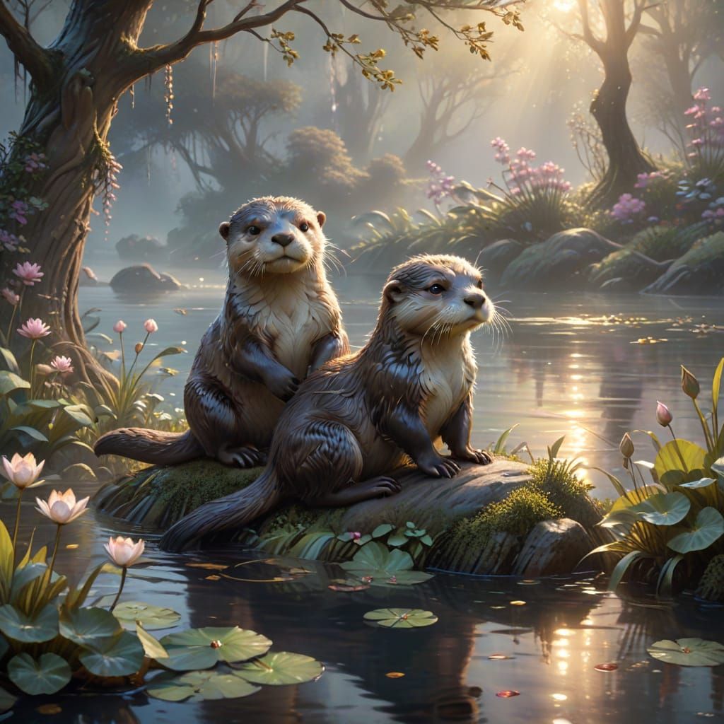Whimsical Otter Embrace in Enchanted Riverbank Scene