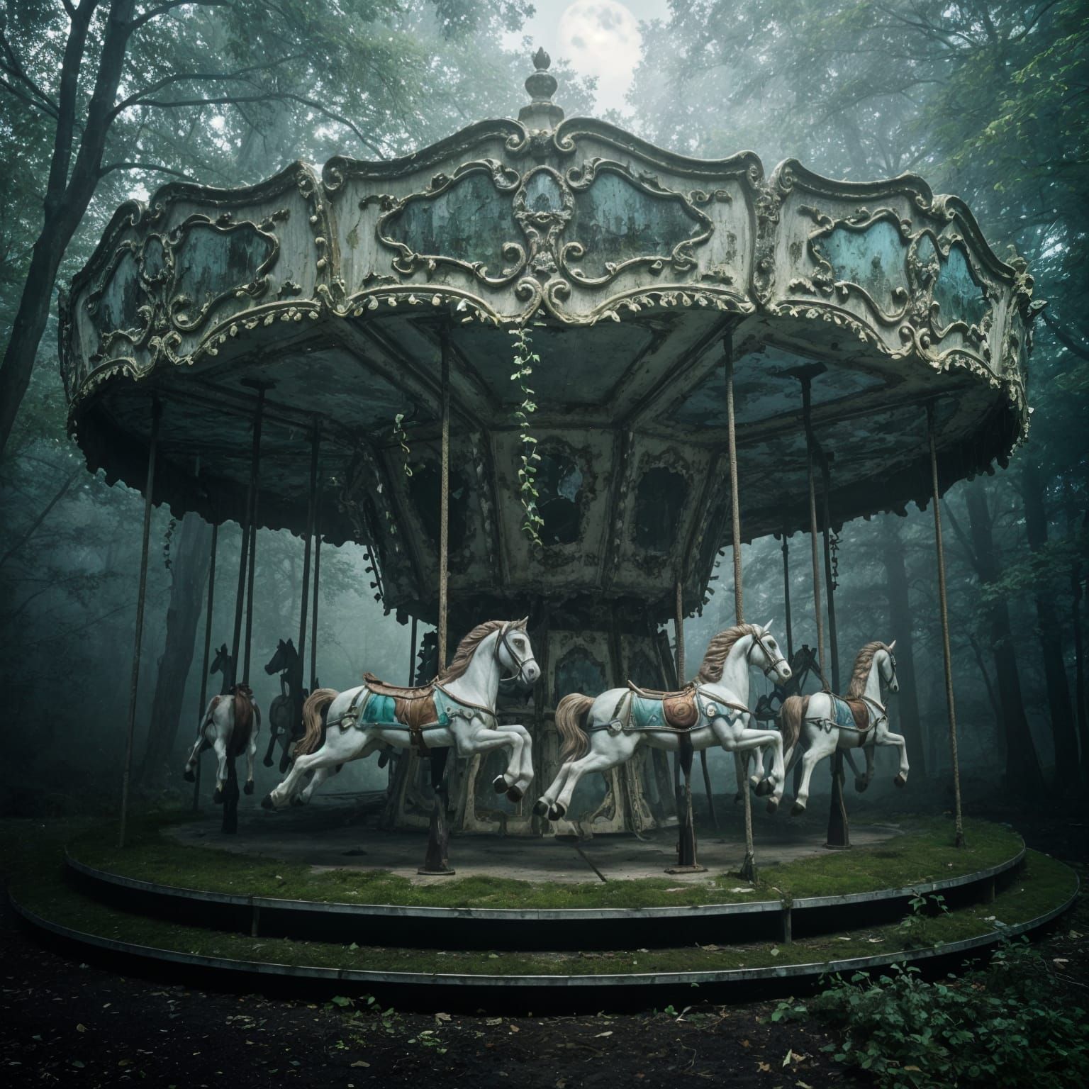 Eerily Silent Abandoned Carousel in Misty Forest