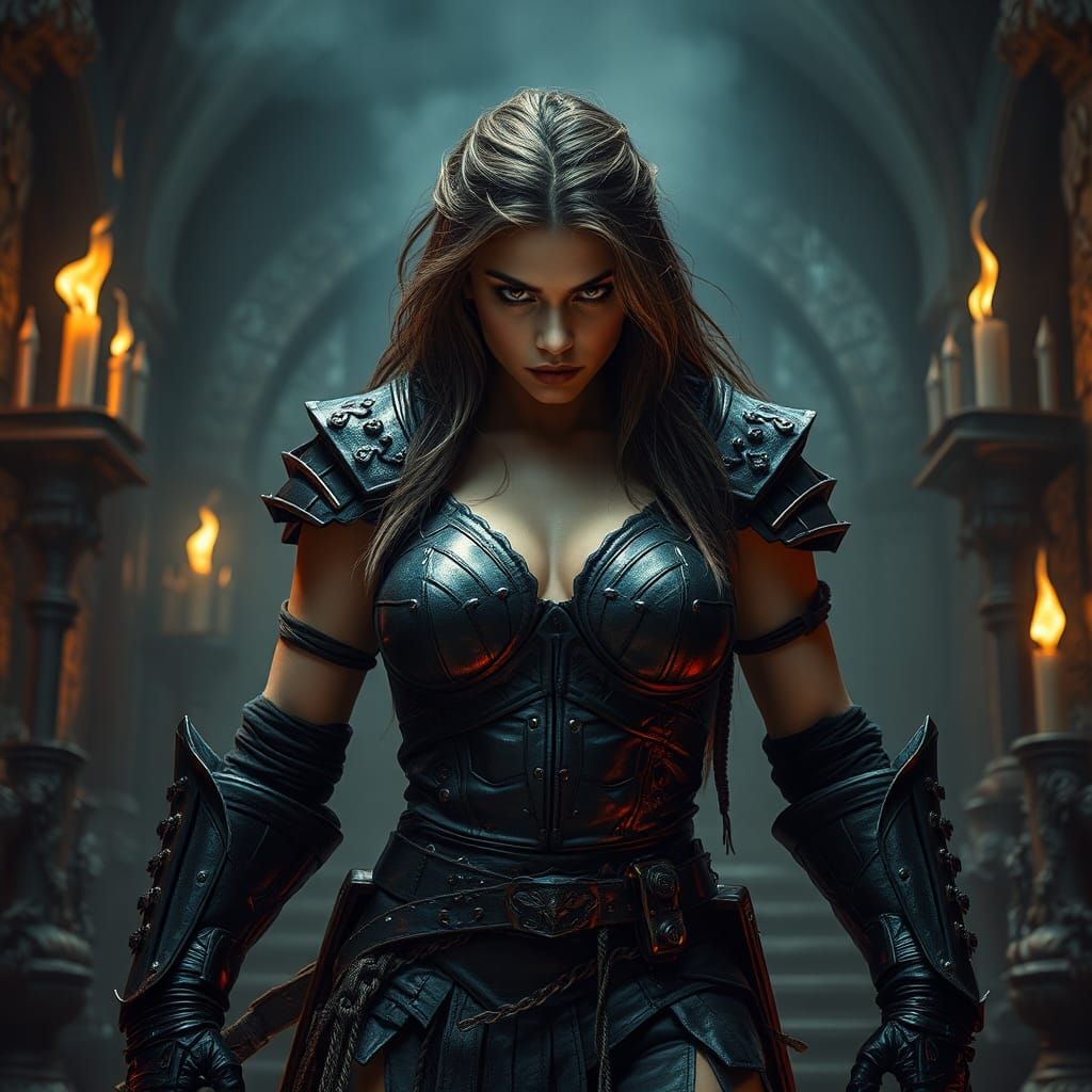 Warrior Woman Guarding Lair in Surreal Dark Art Style