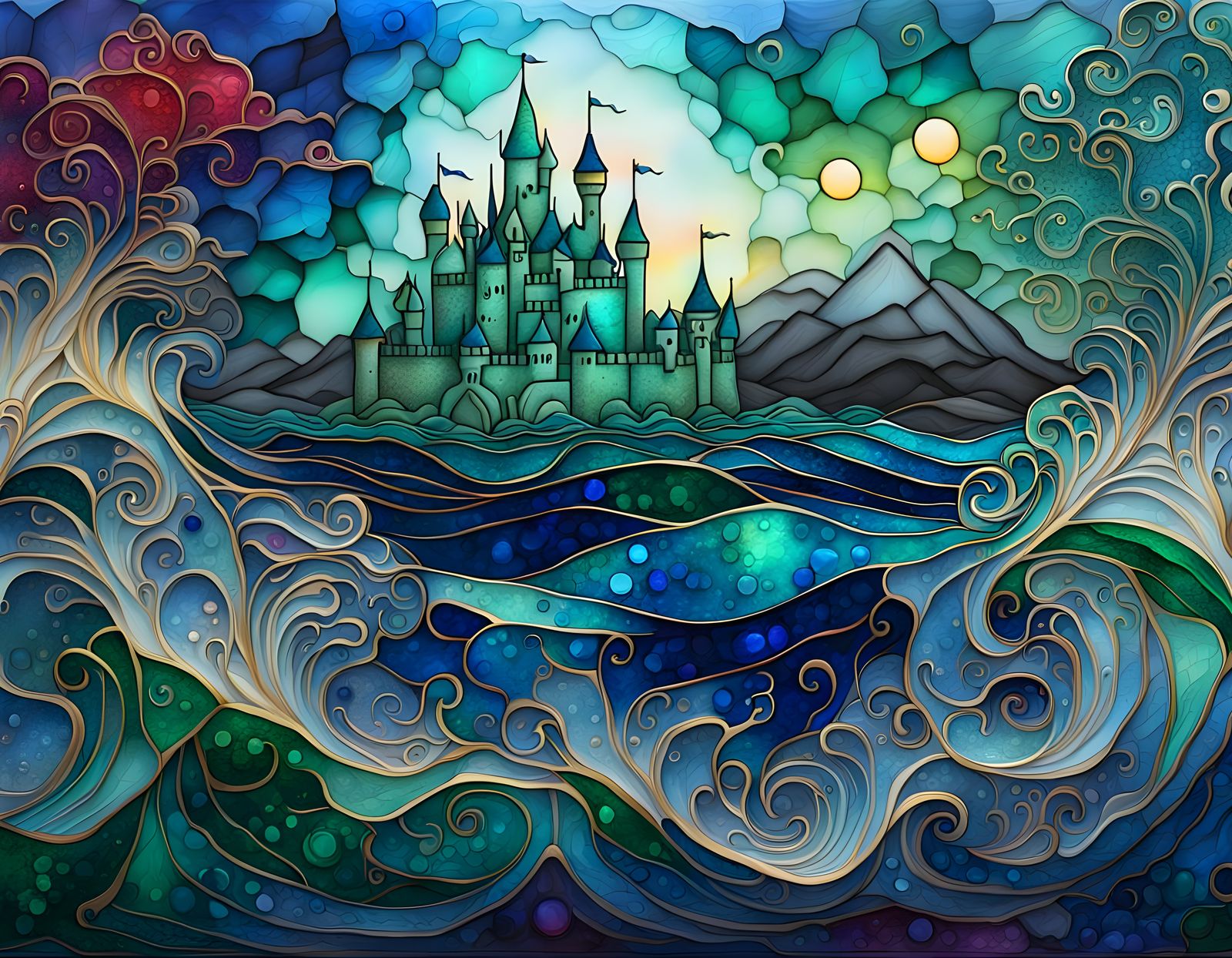 Ethereal Castle Amidst Vibrant Seascape Sunset