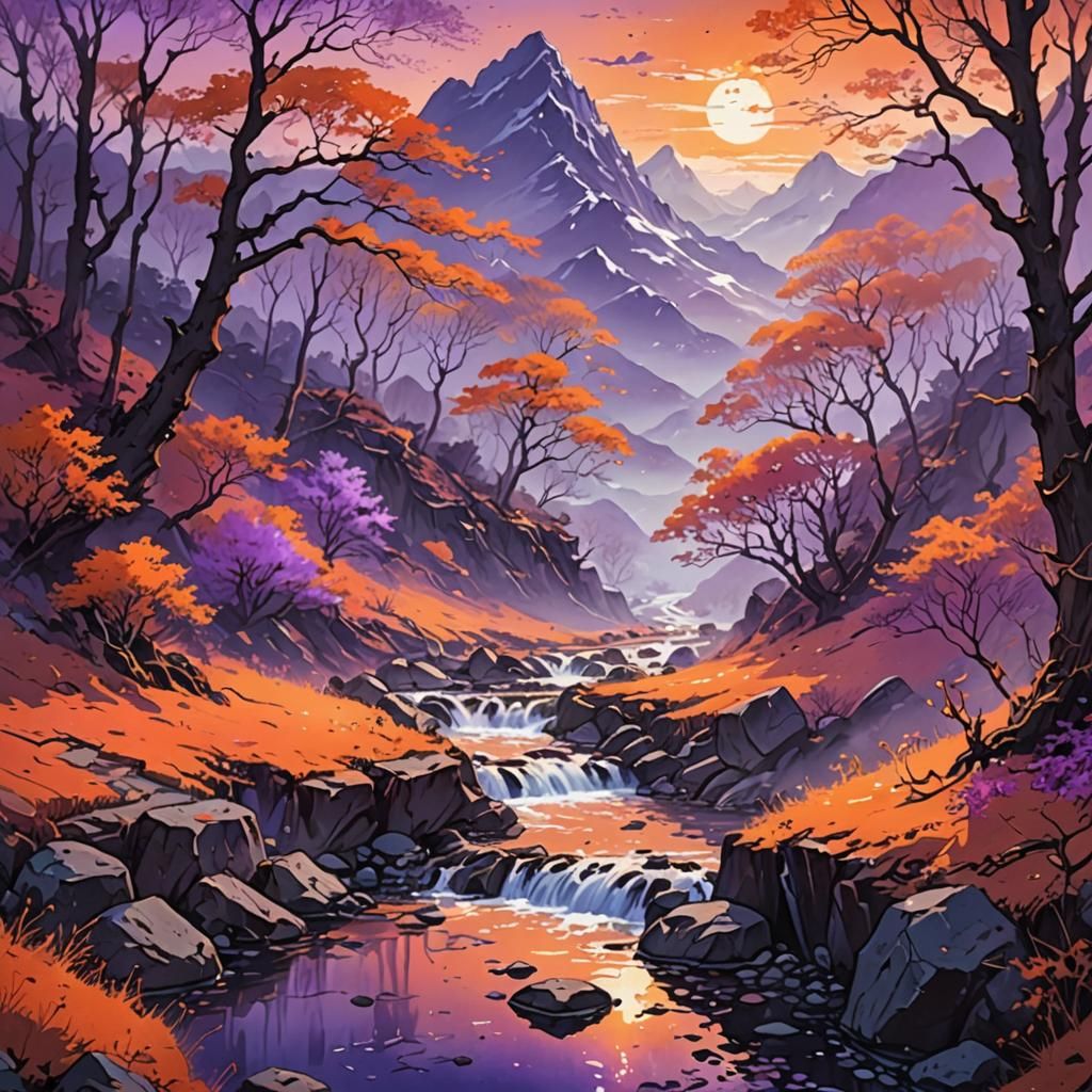 The mountain stream in purple fog