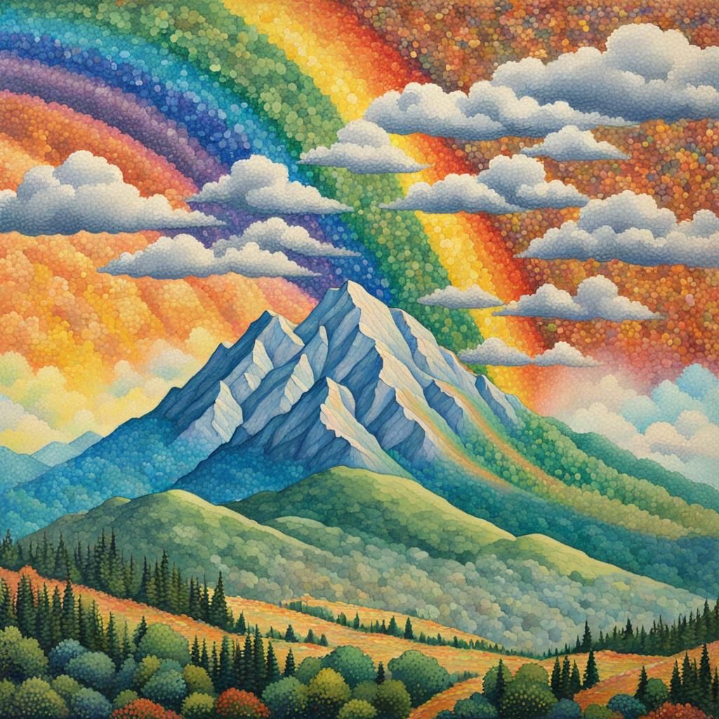 Vibrant Double Rainbow in Pointillism Style