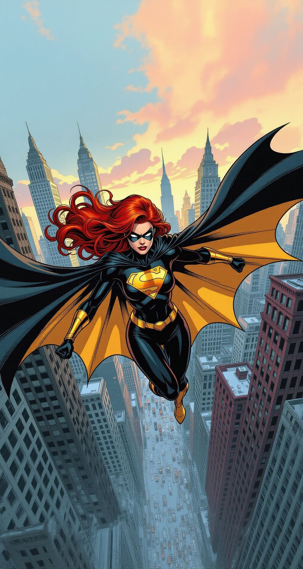 Superheroine Soaring Through Cityscape in Comic Book Art