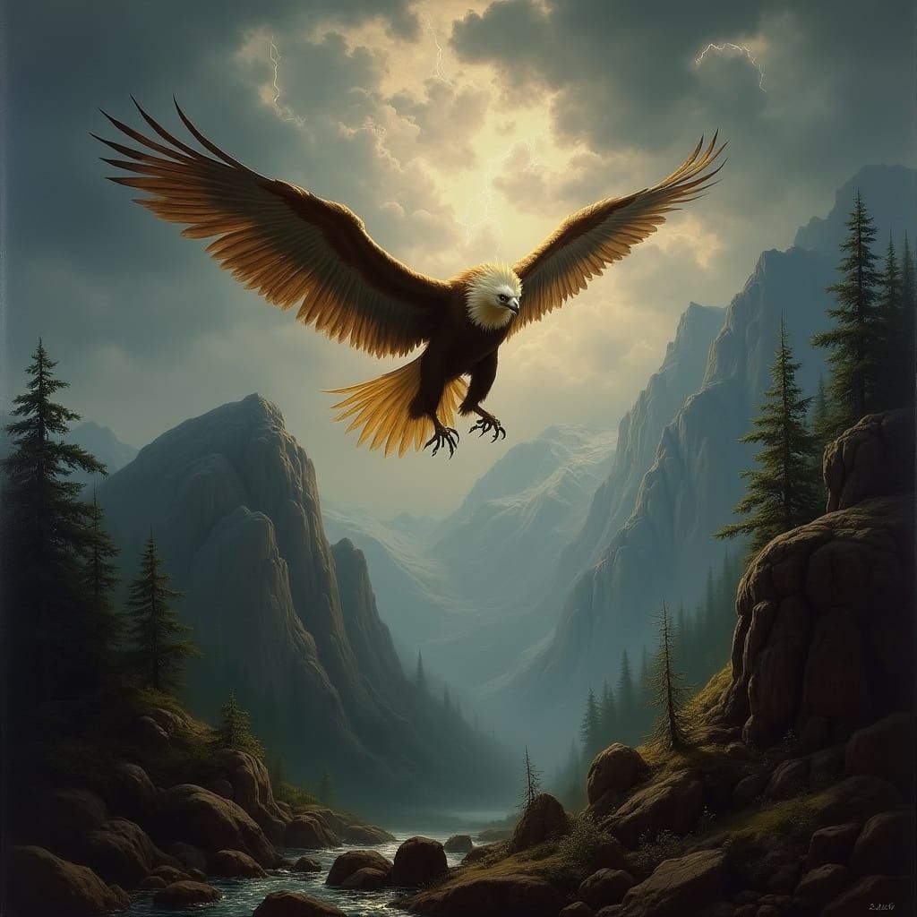 Majestic Griffin Soars Through Stormy Skies in Dramatic Oil ...