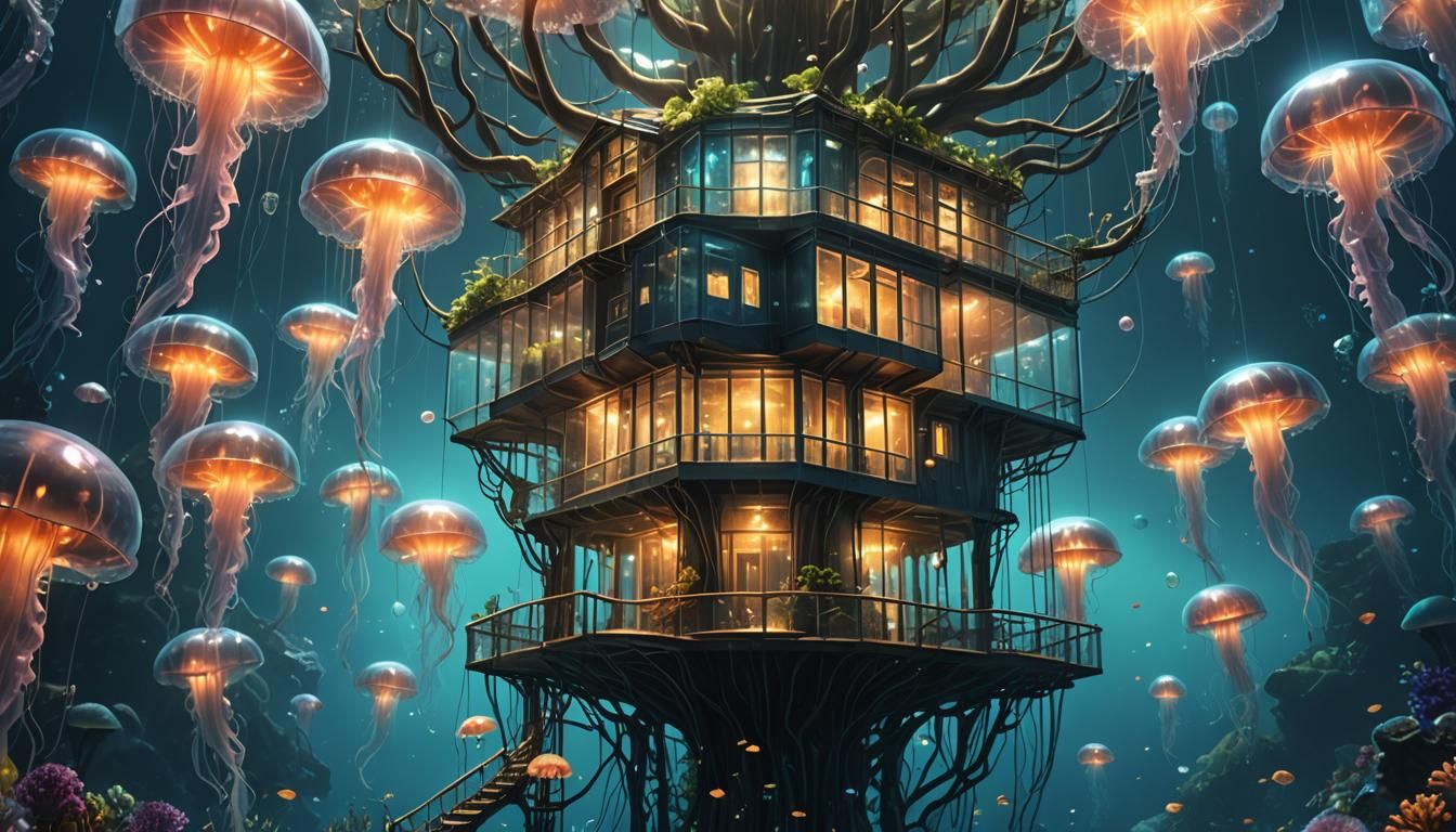 Glowing Glass Treehouse Underwater Fantasy