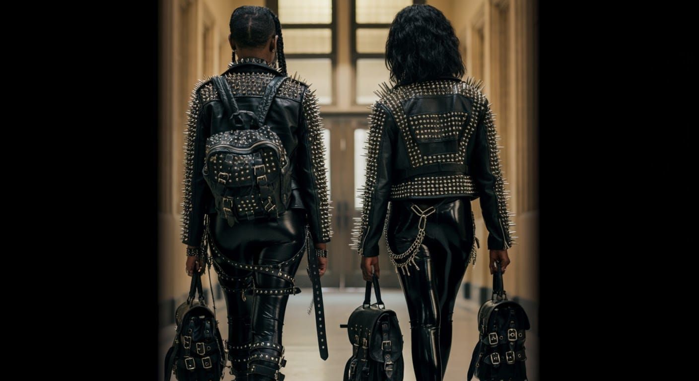 Two Women in Edgy Leather Attire Pacing a College Hallway in...