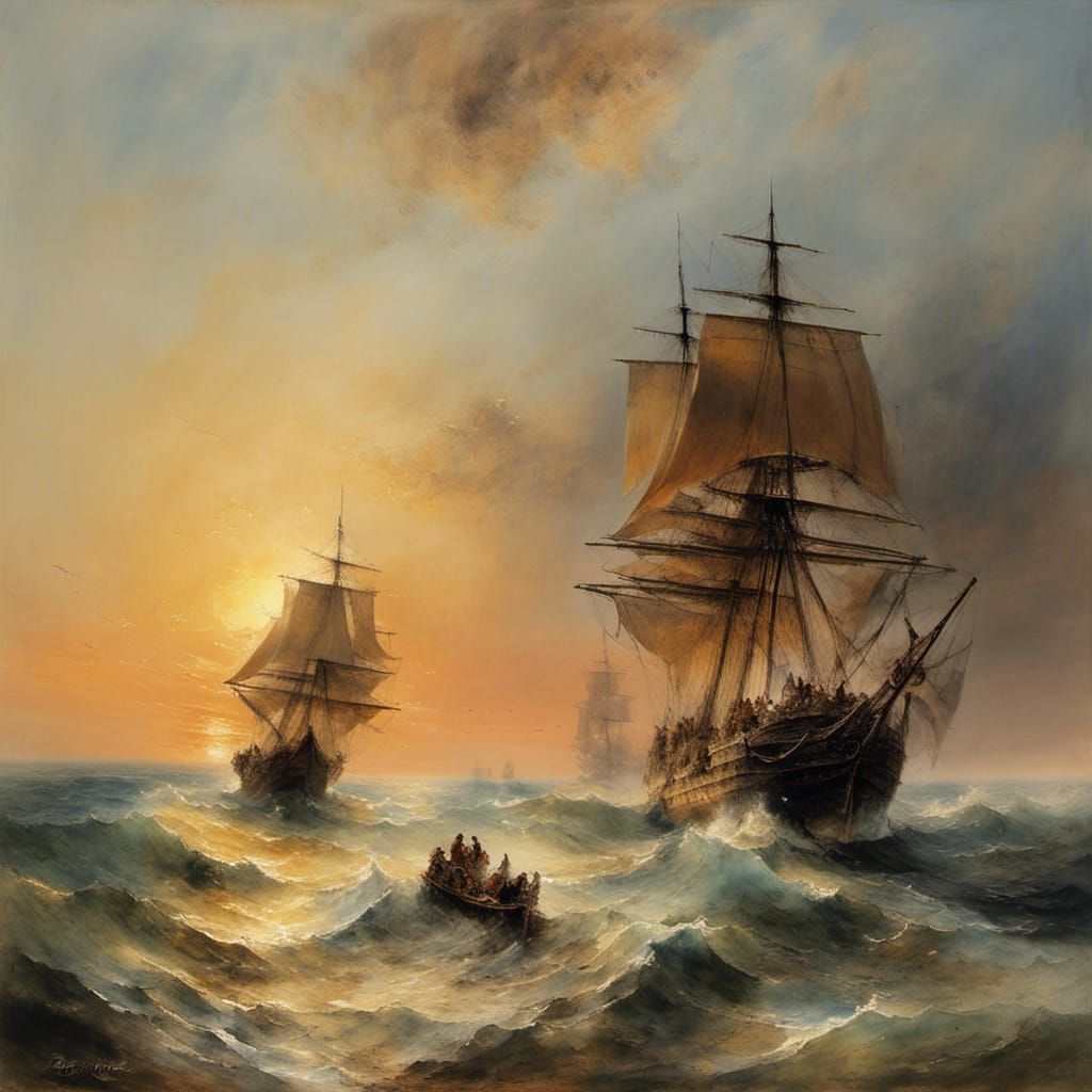 Corsairs and Pirates: Romantic Oil Painting at Sunrise