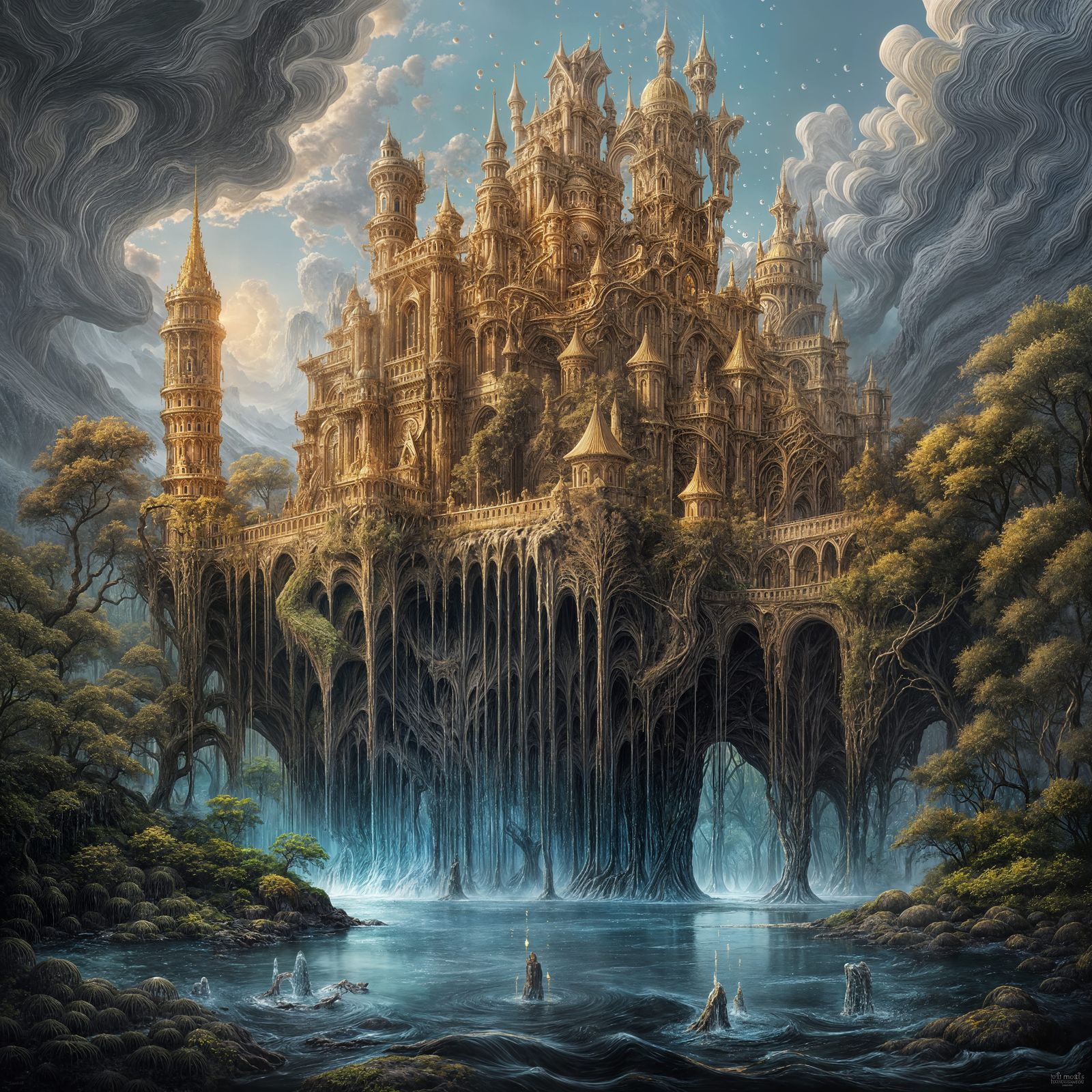 Liquid Gold Castle Amidst Crystal Water Trees