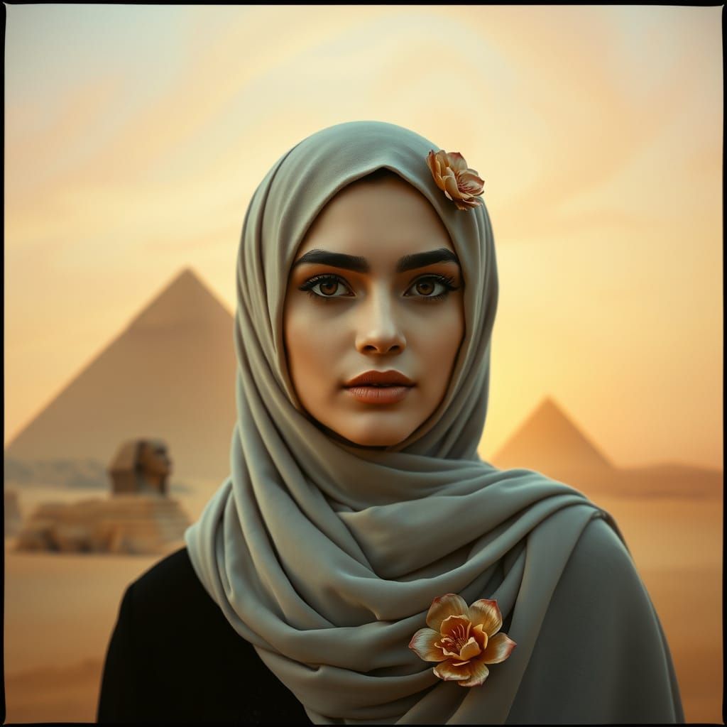 Elegant Woman Amidst Pyramids in Soft Pastel Hues