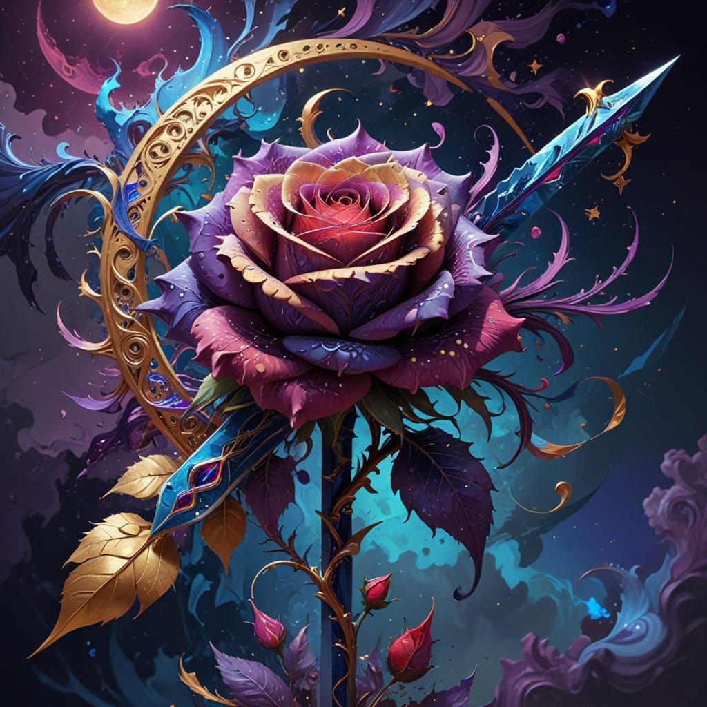 Fractured Harmony: Sword and Rose in Celestial Convergence