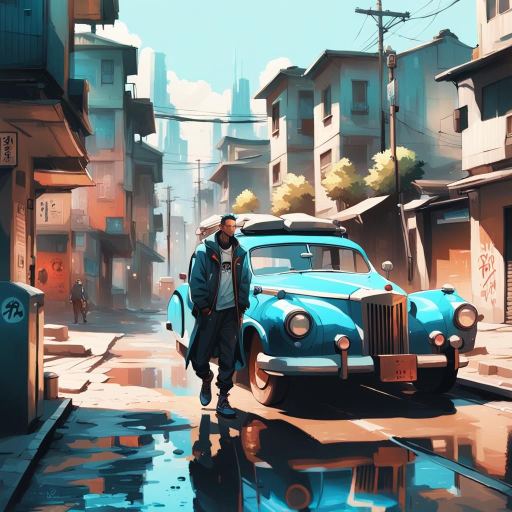 Cyberpunk Homeless Man in Future Suburbs