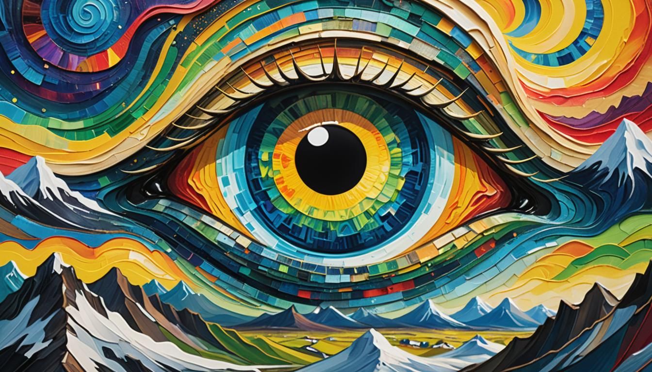 a large human eye in the sky the pupil earth,reflexion,northern light,iceland, neo-impressionism expressionist style oil...