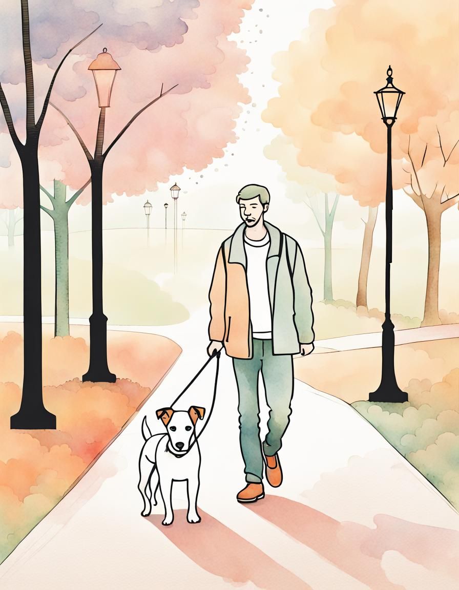 Man and his fox terrier dog , walking in park