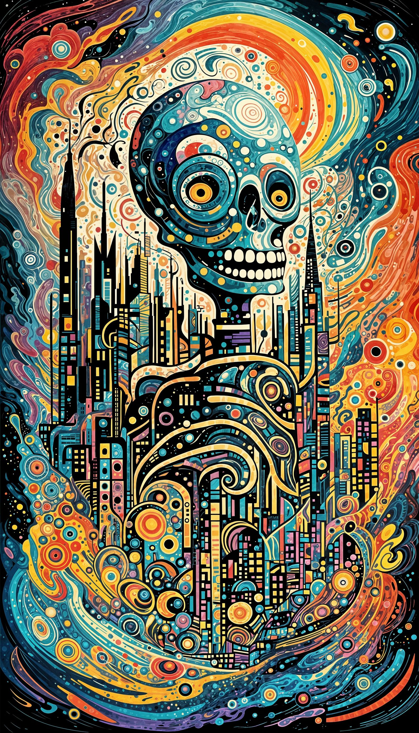 Cosmic Expressionist City Built Inside Skeleton