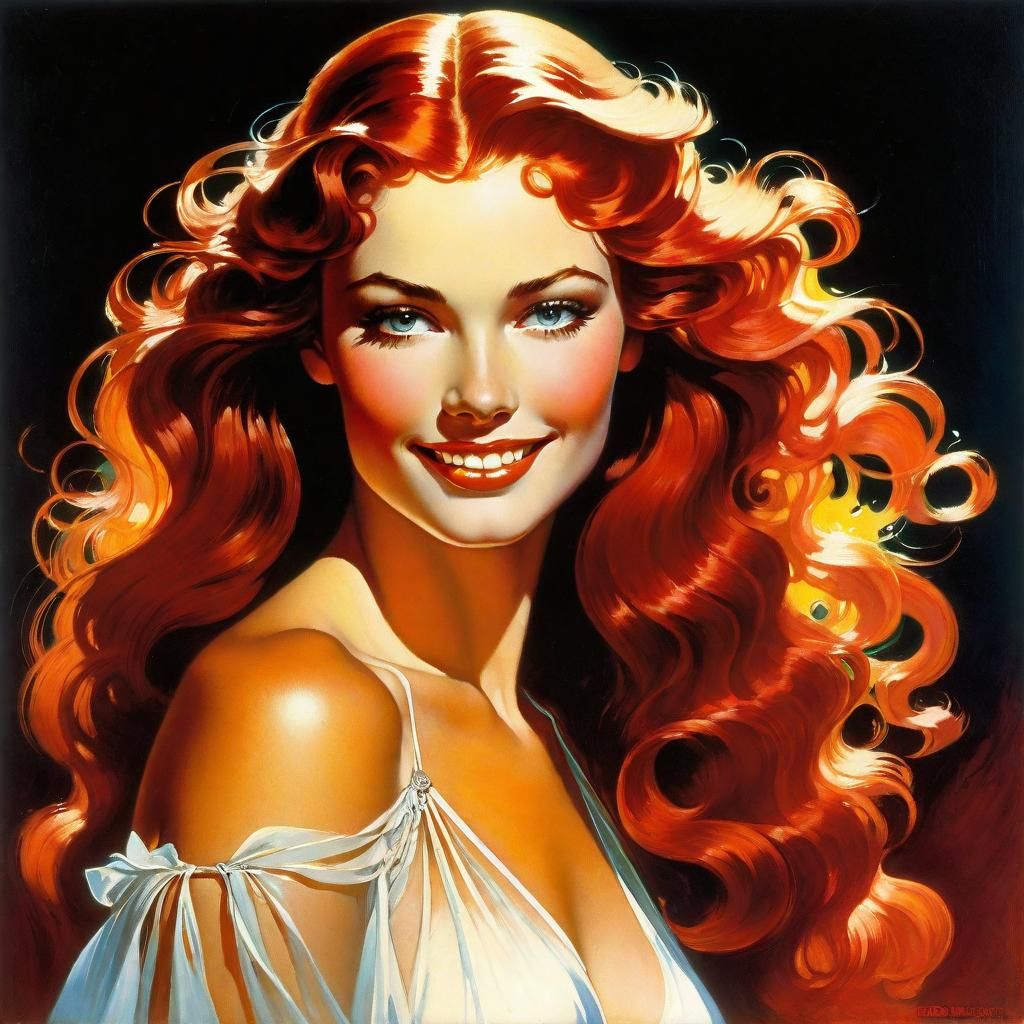 Art Nouveau Redhead Woman in Sheer Negligee