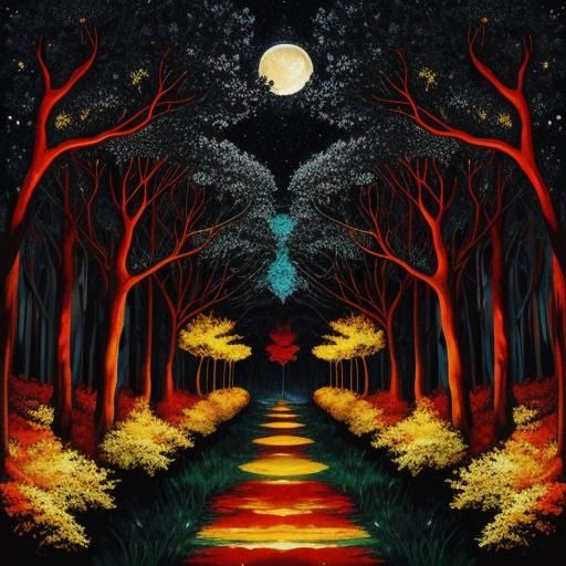Moonlit Path Through Arabesque Forest in Cubist Colors