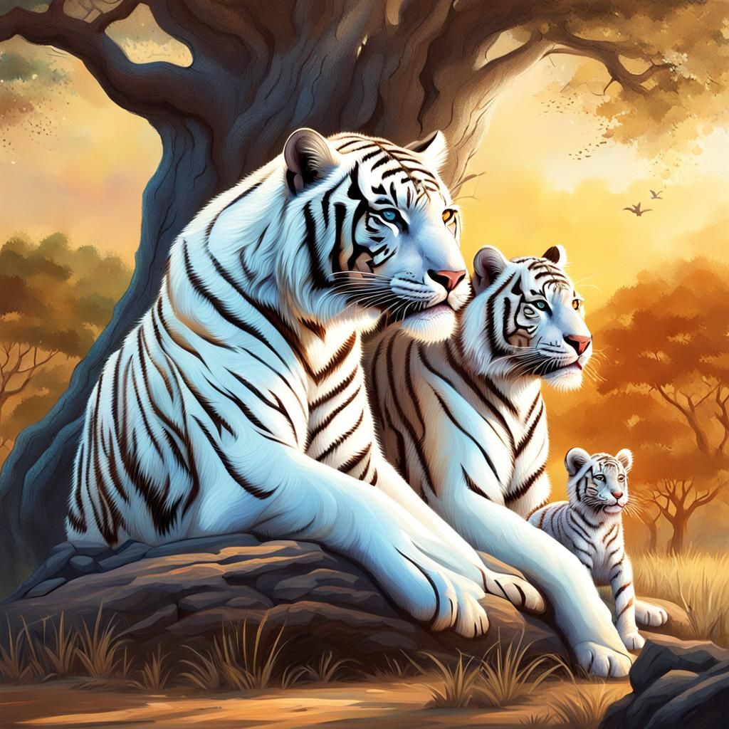 White Tigress and Cubs on African Plains