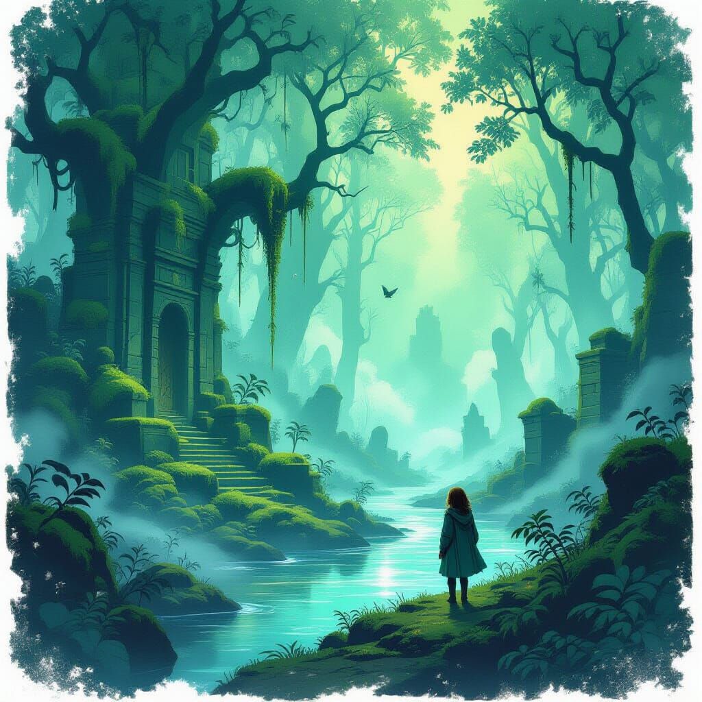 Explorer at Edge of Bioluminescent Forest in Children's Book...