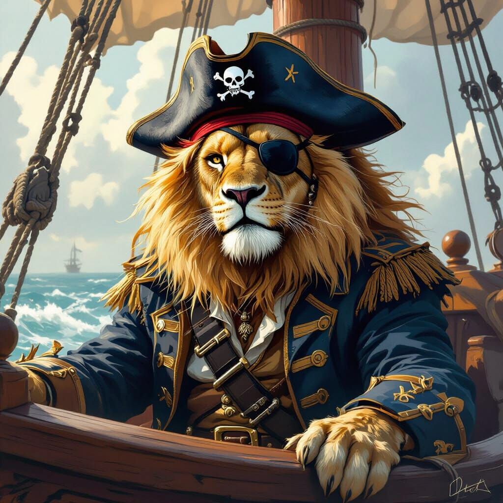 Pirate Lion at the Helm, Fantasy Art Style
