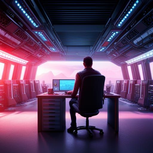Cyberpunk Tech Room with Person in Chair