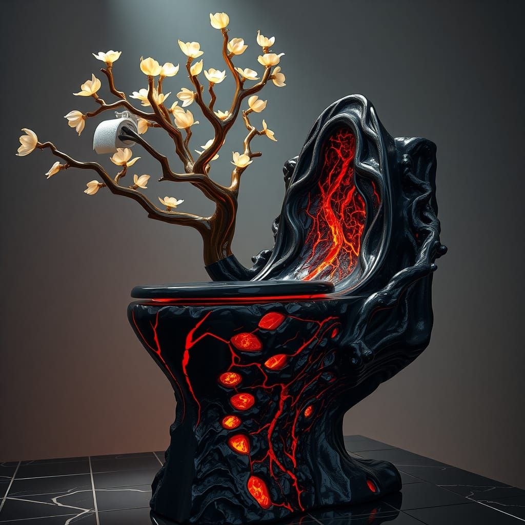 Surrealist Lava Toilet in Dark Obsidian with Glowing Magma
