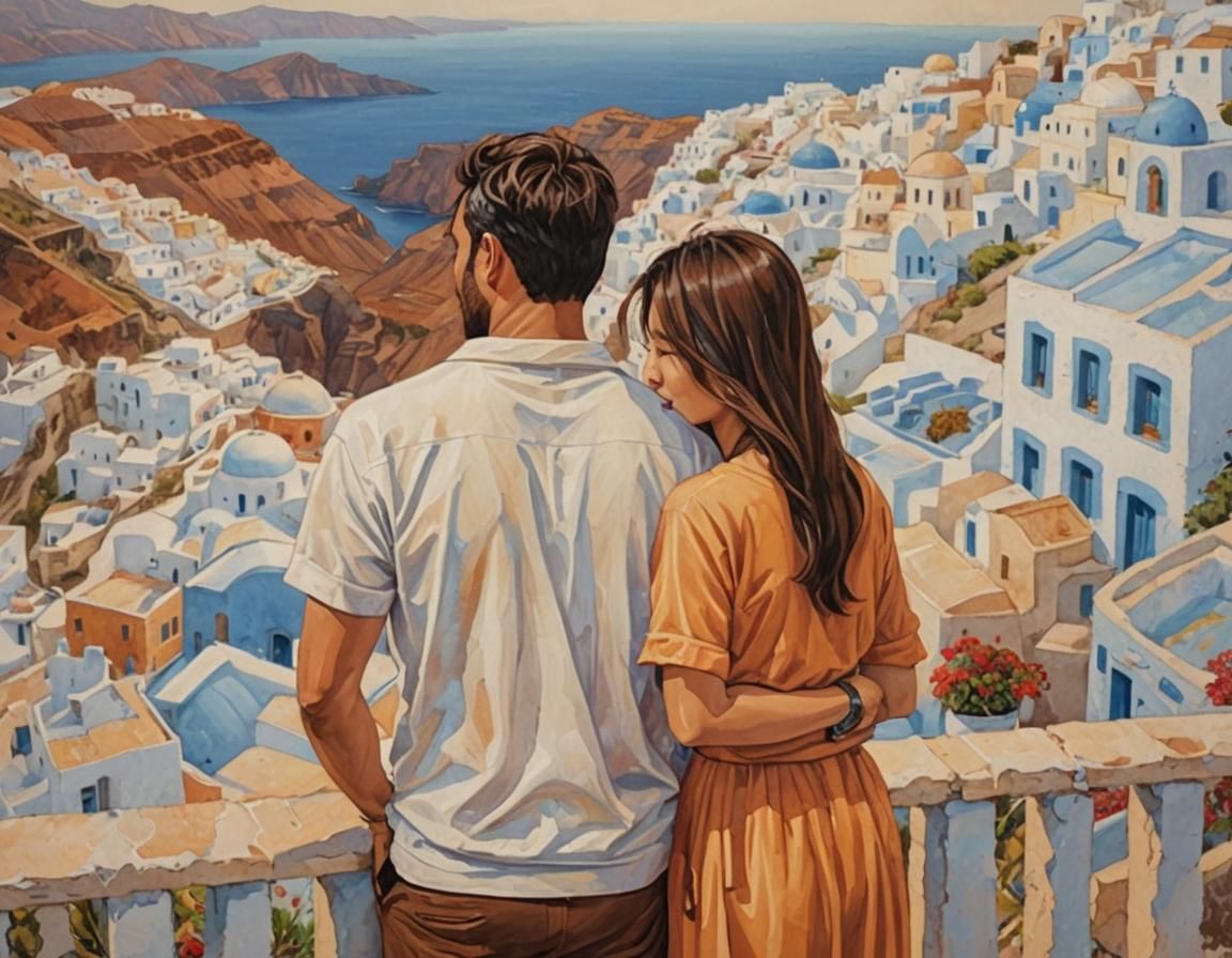 Couple in Santorini: Mediterranean Acrylic Painting