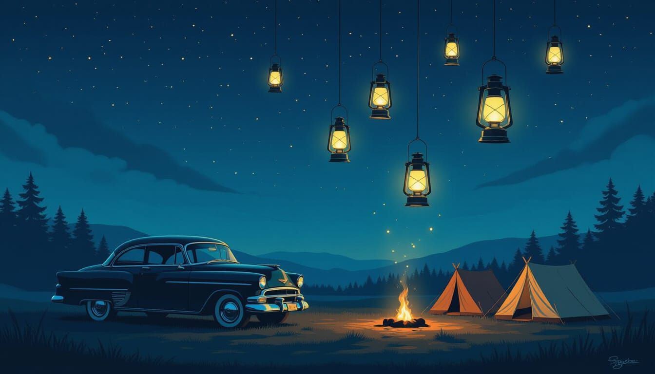 Starry Night Camping Scene With Floating Lanterns