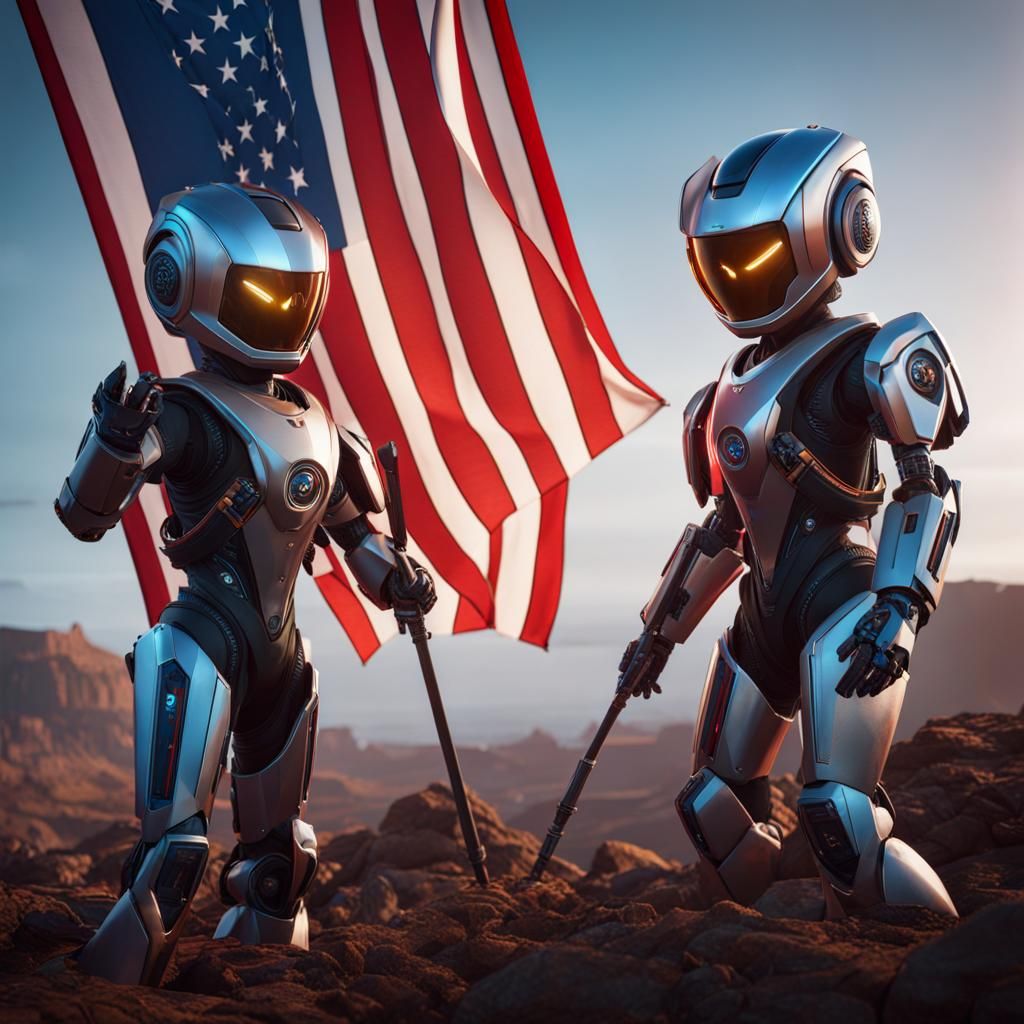 Boys in Robotic Suit Displaying Flag in Detailed Digital Art