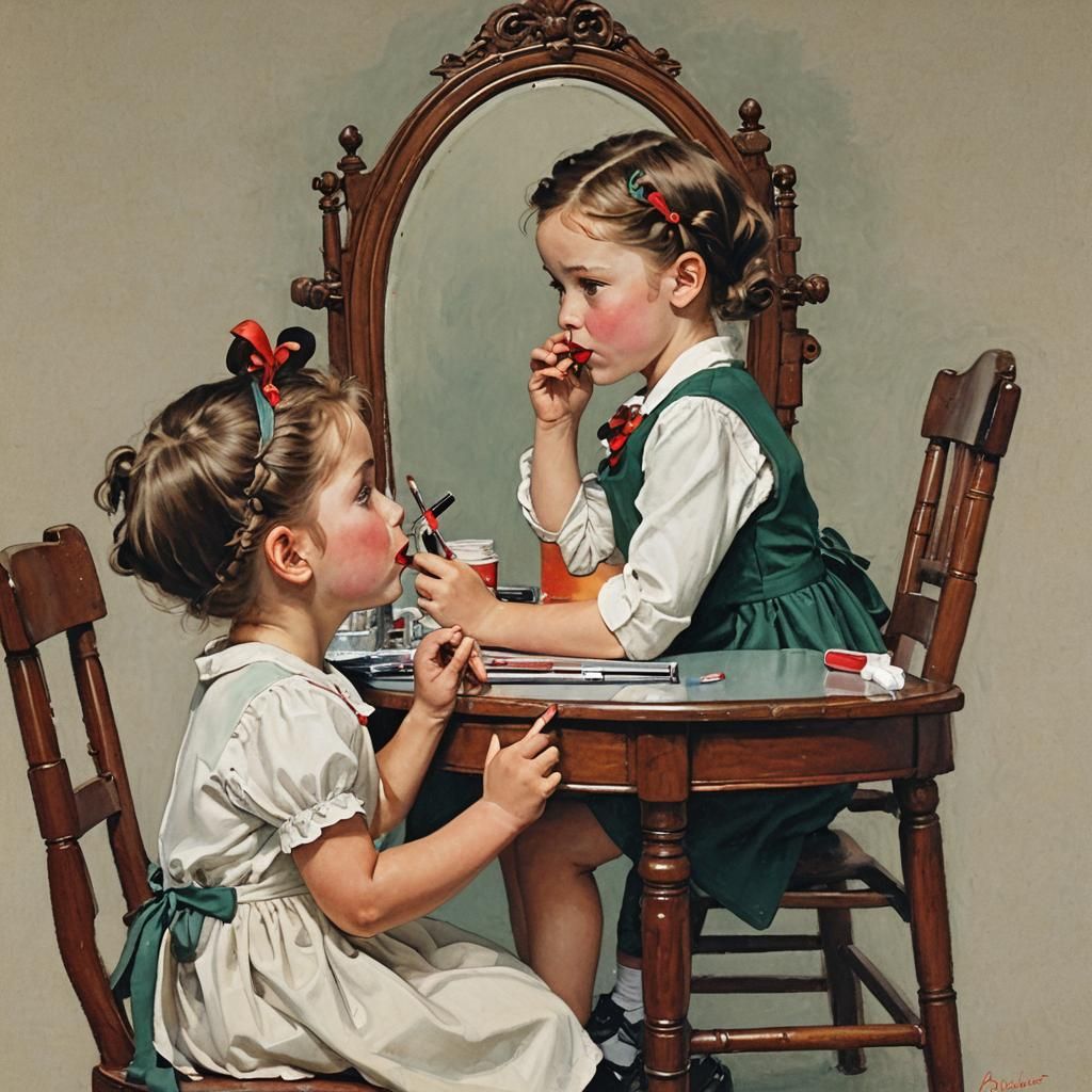 Girl and Mirror in Norman Rockwell Style