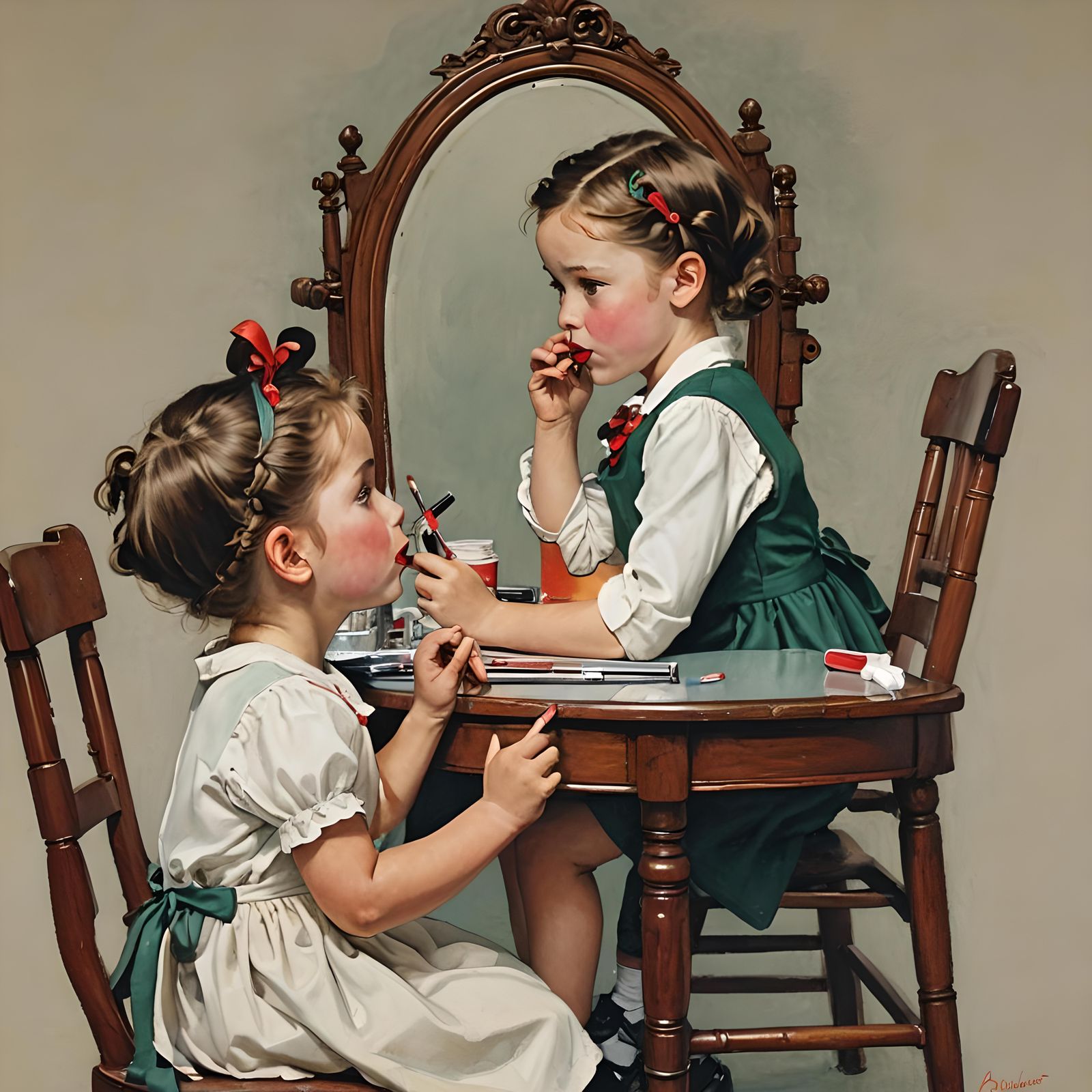 Girl with Lipstick in Norman Rockwell Style