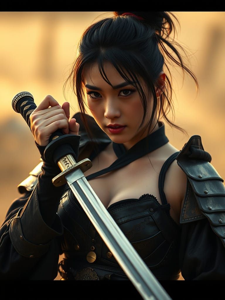 Majestic Female Samurai with Katana, in Cinematic Film Style