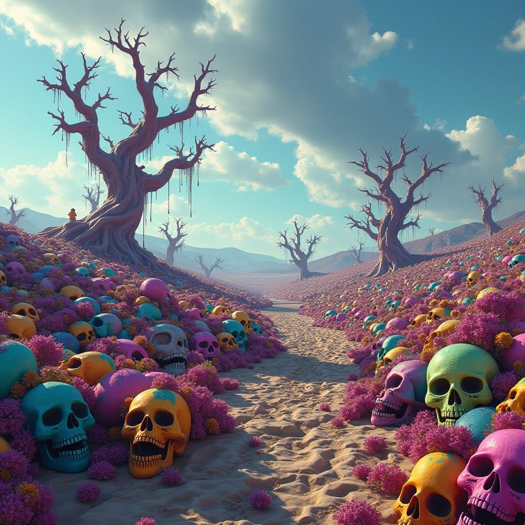 Post-Apocalyptic Field of Colorful Sugar Skulls