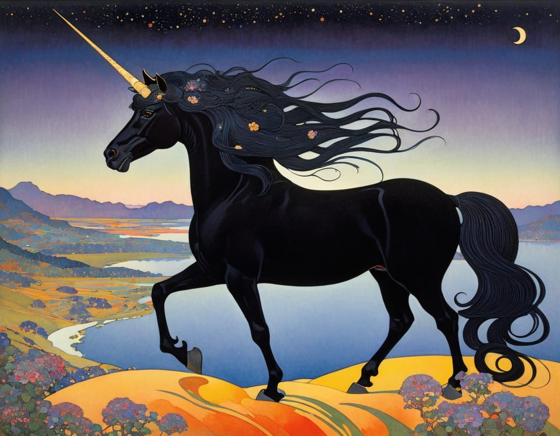 Majestic Black Unicorn in Ethereal Landscape