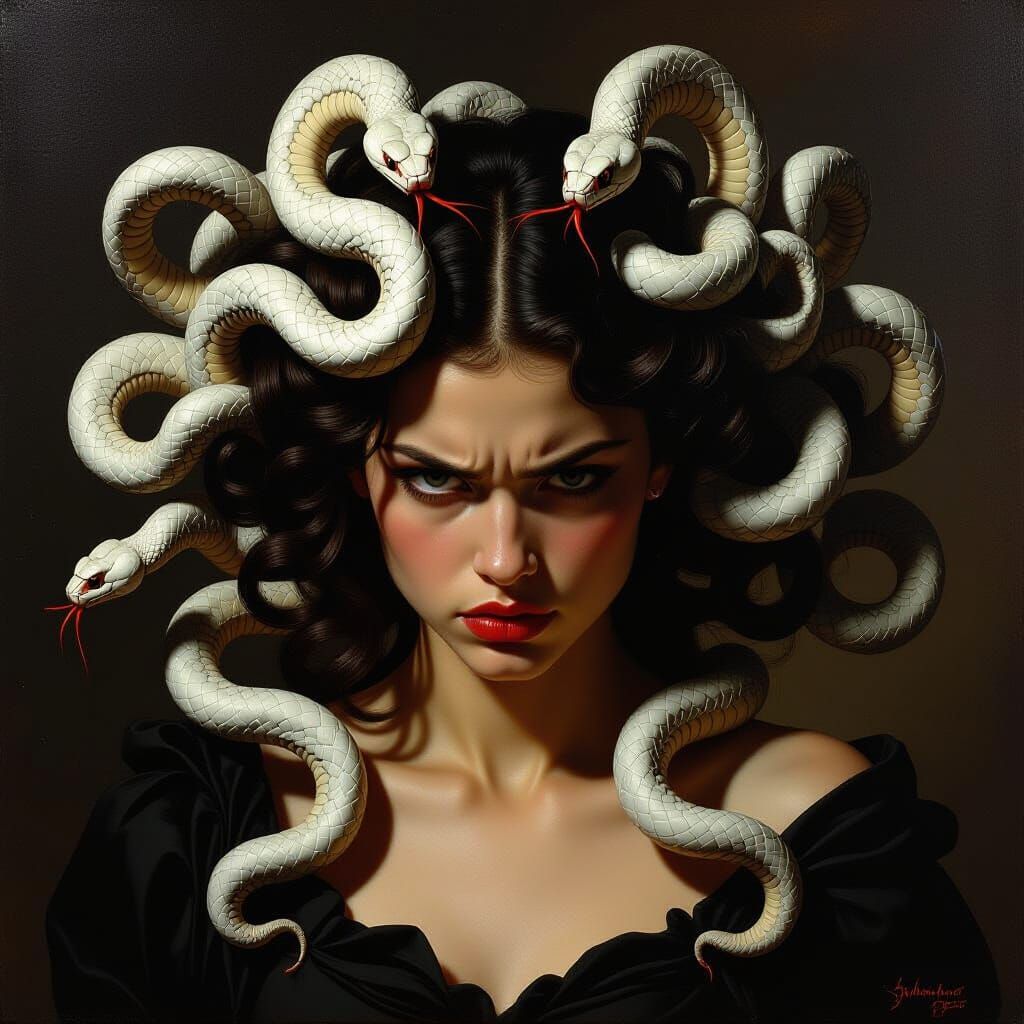 Angry Medusa with White Snakes in Baroque Style