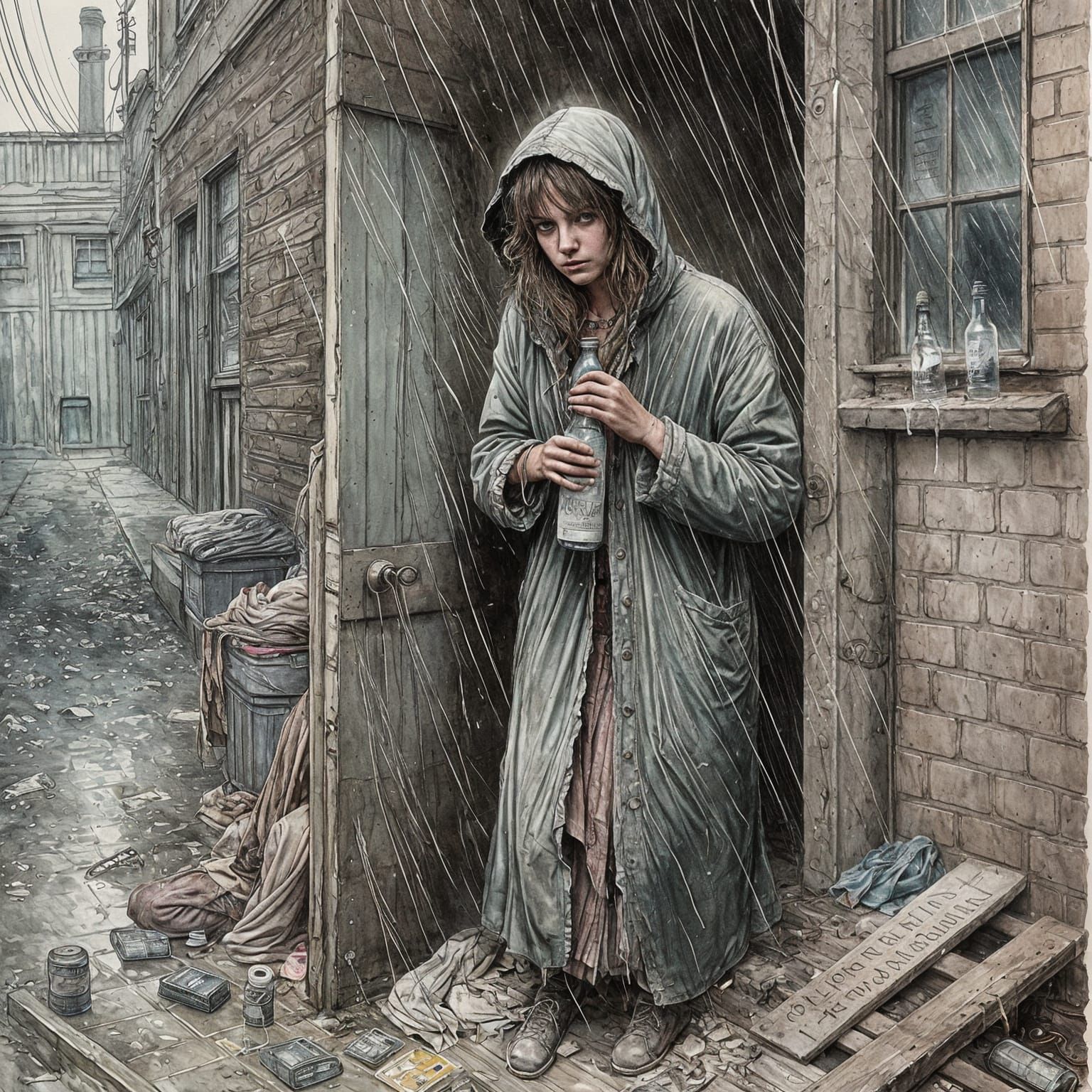 Desolate Woman in Rainstorm: Victorian Watercolor Style