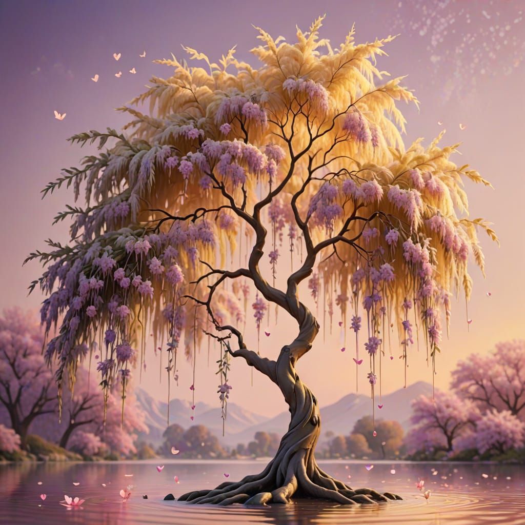 Whimsical Pastel Weeping Willow in Sakura-Inspired Digital A...