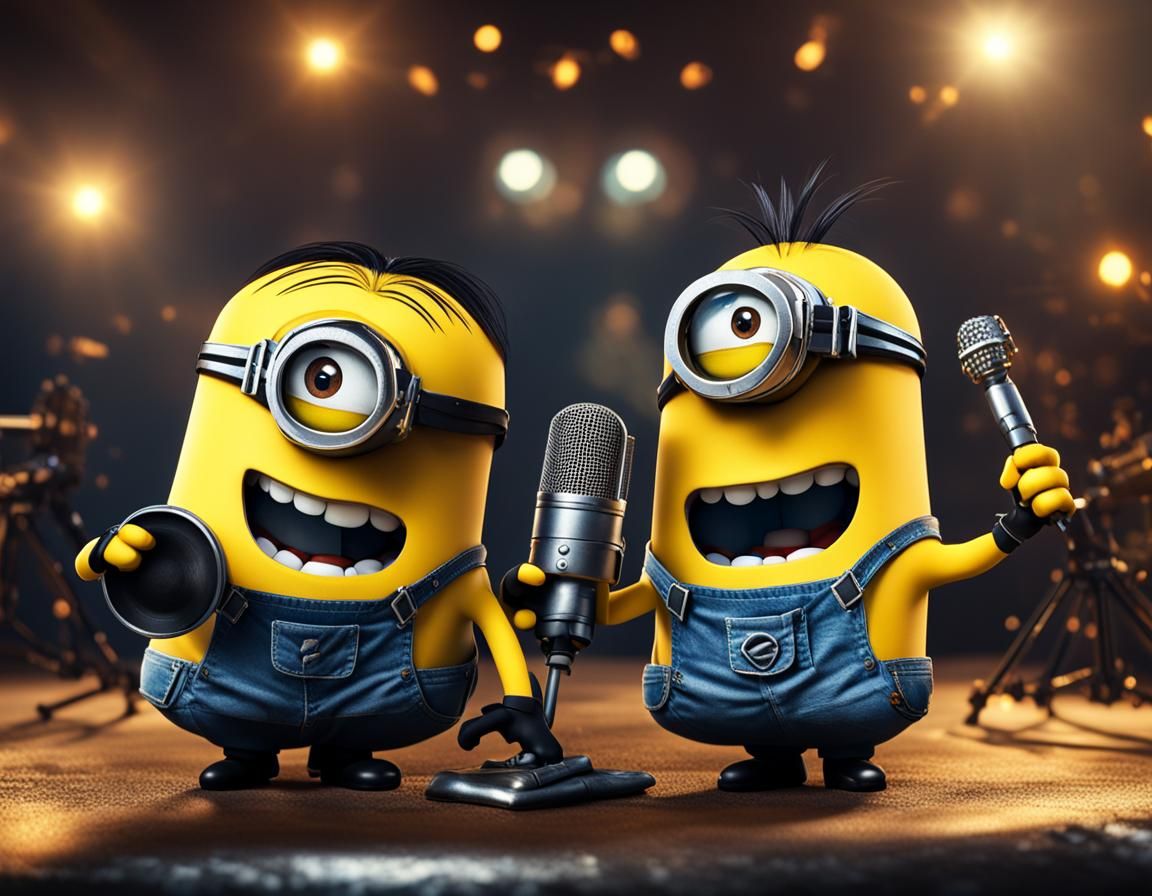 Minions dressed as rock stars smiling facing the camera screen perspective