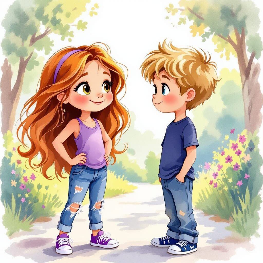 Cute Girl and Boy in Watercolor Style