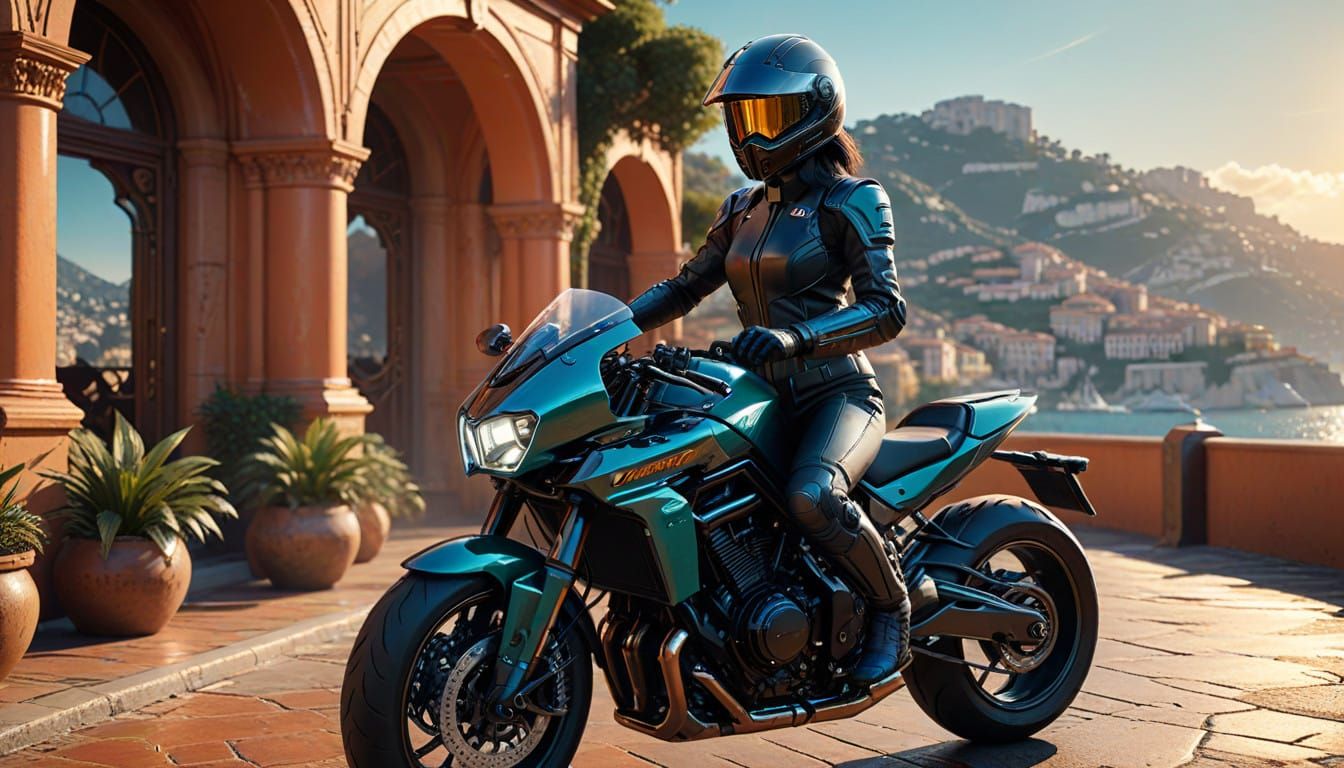 Heroic Woman on Futuristic Motorbike Along French Riviera