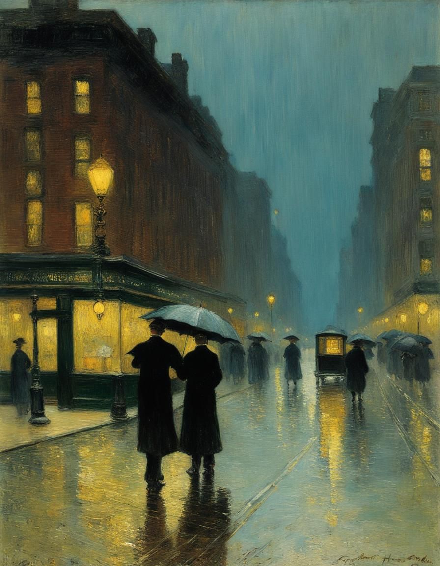 Rainy Night in New York: Post-Impressionist Oil Painting