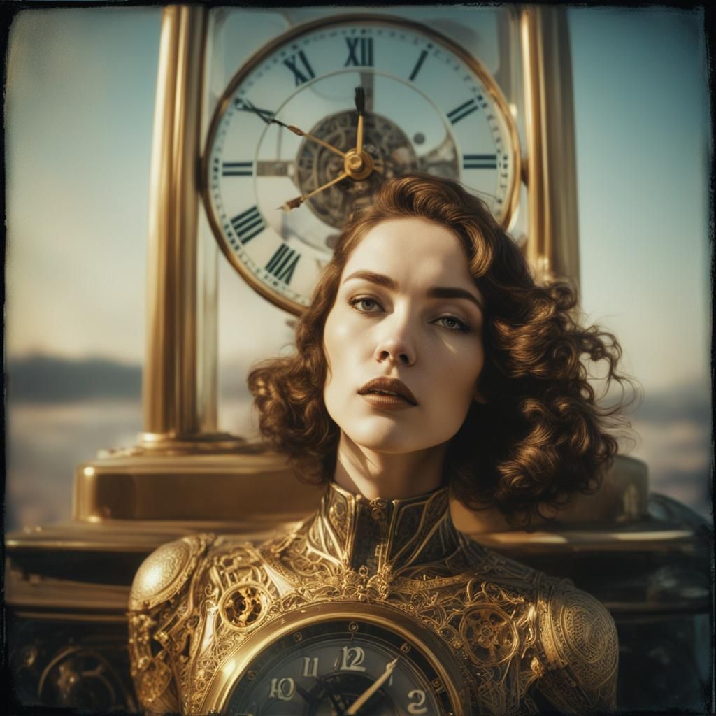 Ethereal Mechanized Woman: Retro-Futuristic Polaroid Portrai...