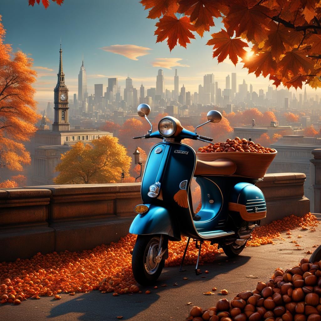 Autumn Chestnuts with Vintage Scooters in Matte Painting