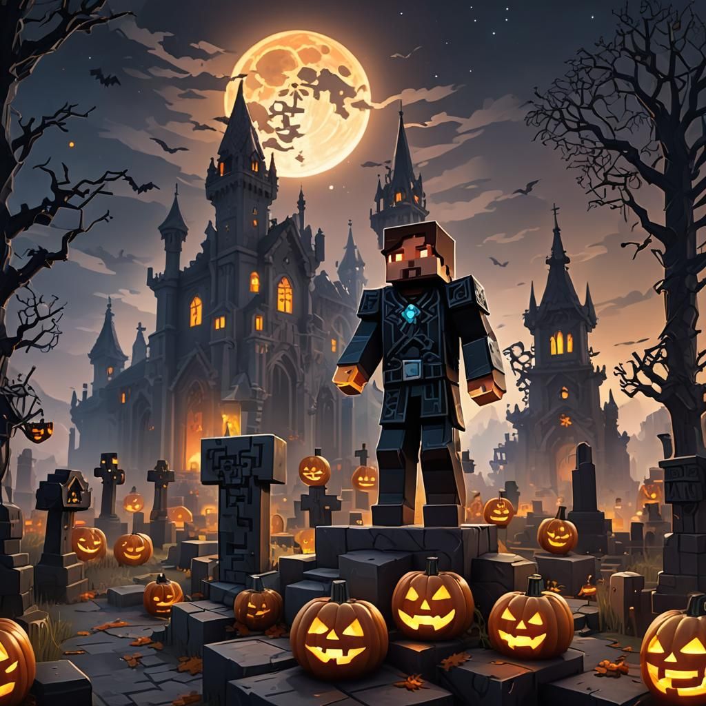 Minecraft Steve in Spooky Halloween Graveyard