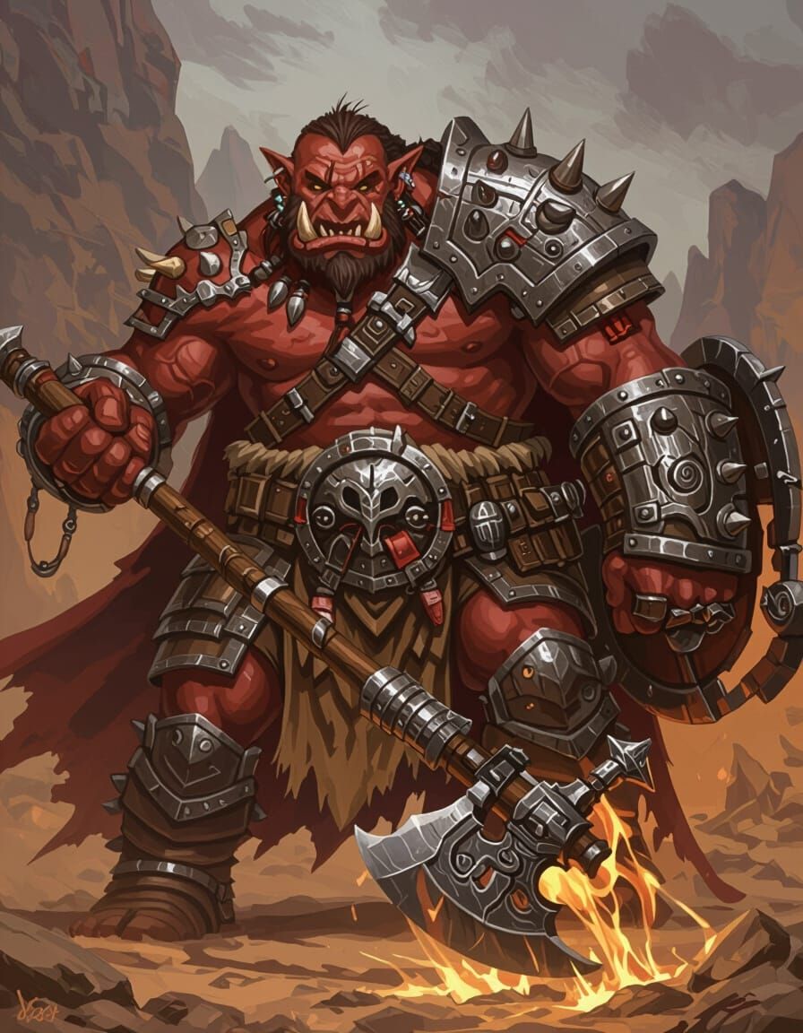 Giant Red Orc Warrior in Tribal Armor