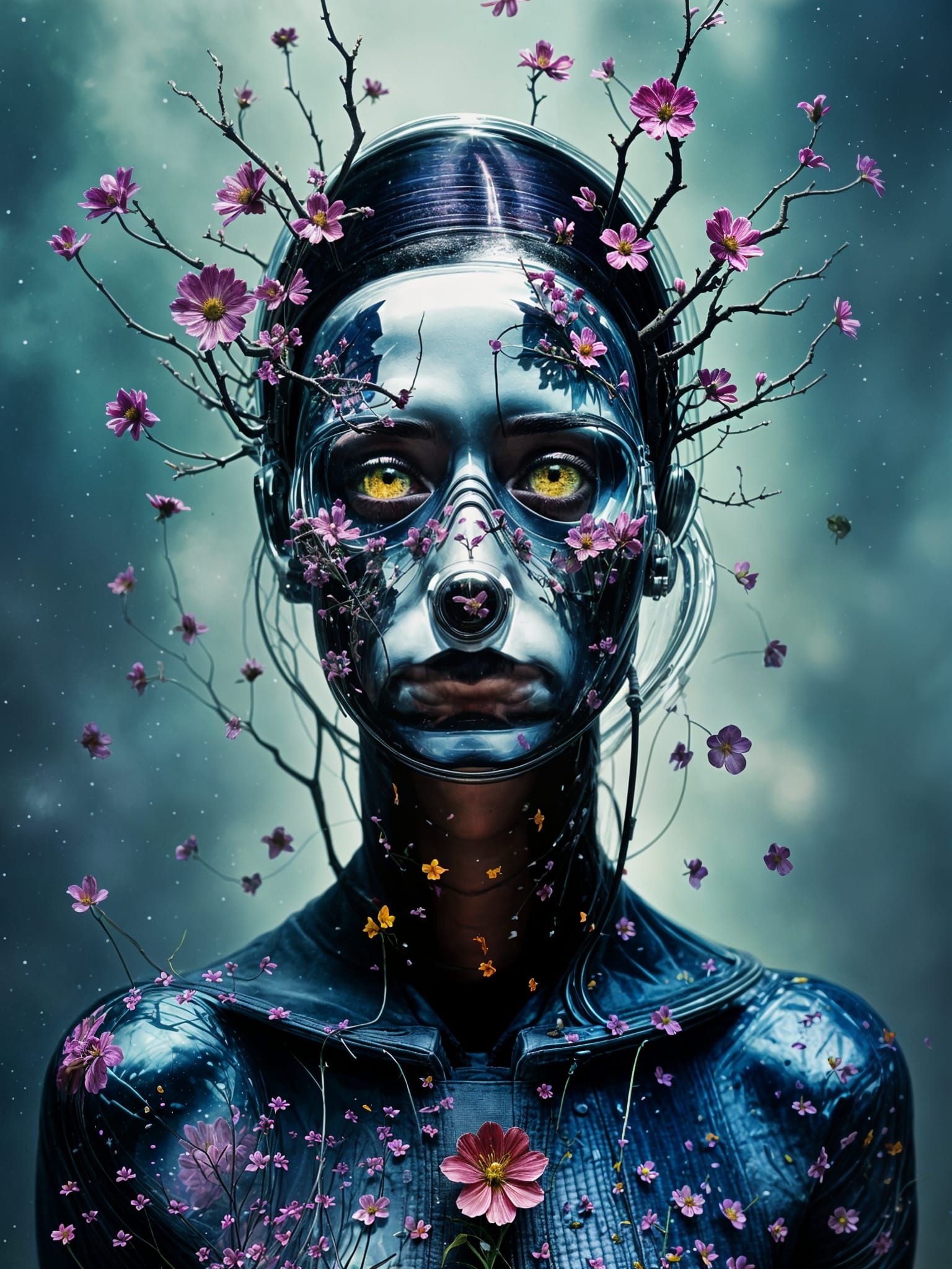 Astronaut in Flower Garden Reflecting Universe