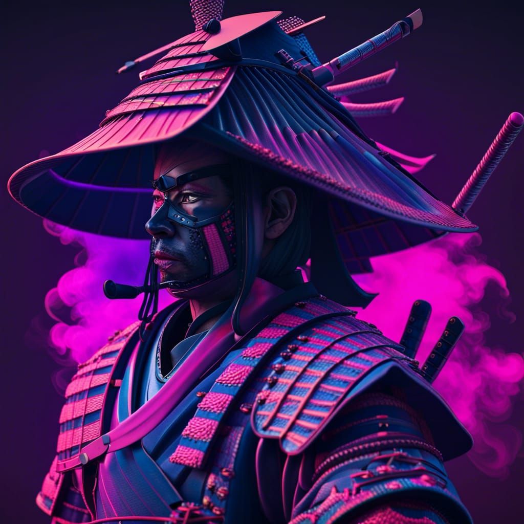 Edo period Japanese samurai, full battle dress 3d model in Synthwave watersmoke portrait